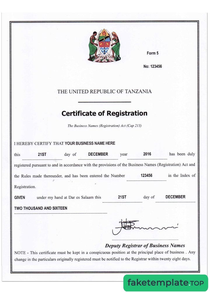 Feature of fake TANZANIA business reg. cert